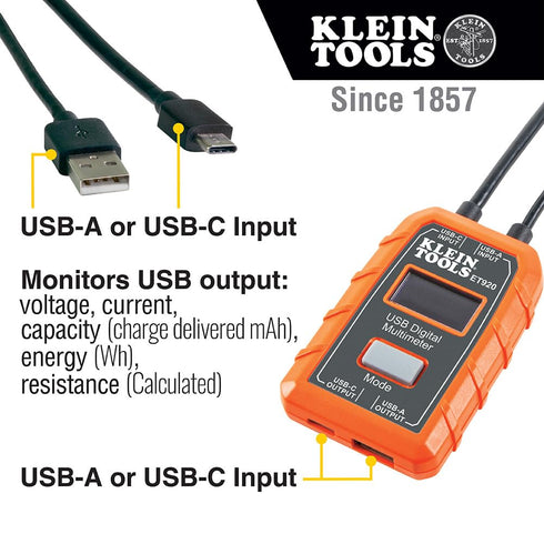 Klein Tools ET920 USB Power Meter, Digital Meter for Voltage, Current, Capacity, Energy, Resistance, USB-A, USB-C