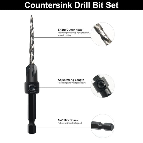 Countersink Drill Bit Set, 3Pcs M2 HSS Tapered Drill Bits with 1/4" Hex Shank and Allen Wrench