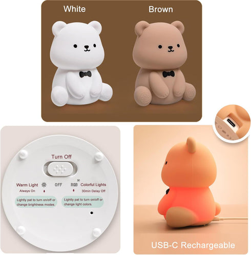 30min 3 6 Bear Night Lamp- Auto-Off Kids Toddler Nursery Bedside Nightlight, Brightness Modes Light Colors Night Light
