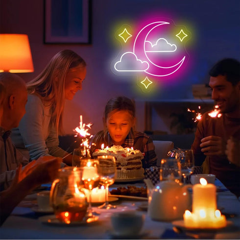 Bklphsey Dimmeable Light14in*13in Moon Cloud Star Neon Sign Pink Led Neon signs for Wall Decor Moon Cloud Star LED Neon
