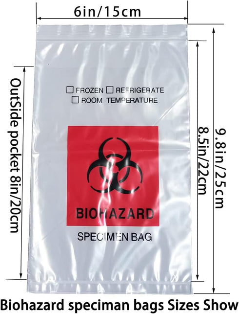 Biohazard Specimen Bags, 100pcs 6x9in with Ziplock Top and Outside Pocket Paperwork Pouch