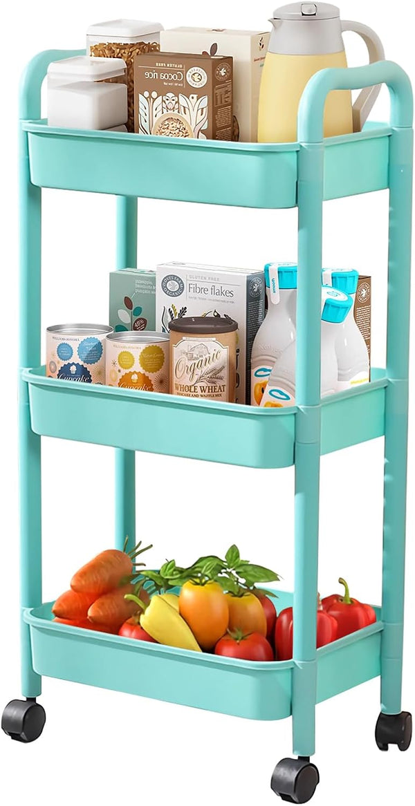 QPEY 3 Tier Utility Rolling Cart with Handle, Multifunctional Storage Organizer Rolling Carts