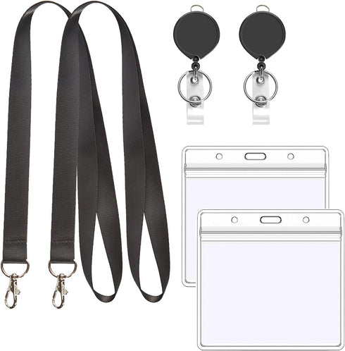 YOUOWO Black Lanyard with Horizontal ID Badge Holder 4x3 and Retractable Badge Reel, 2 Pack