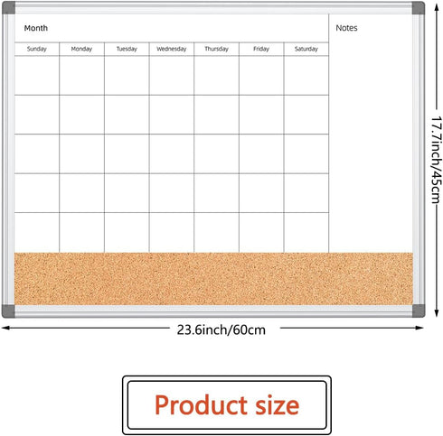 Upgraded Monthly Calendar Dry Erase White Board & Cork Bulletin Board, 17.7" x 23.6" Aluminum Frame