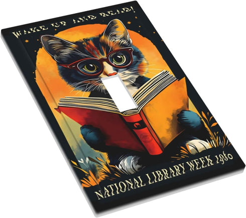 HTSAHKV 3 5 Inch Cat Reading Book Wall Plate Light Switch Cover Single Gang Outlet Faceplate Print Plate Cover X