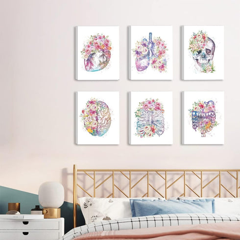Set 6(12x16),Floral CHDITB Medical Human Anatomy Wall Art, Medical Anatomical Art of Heart Skull Medical Office Decor