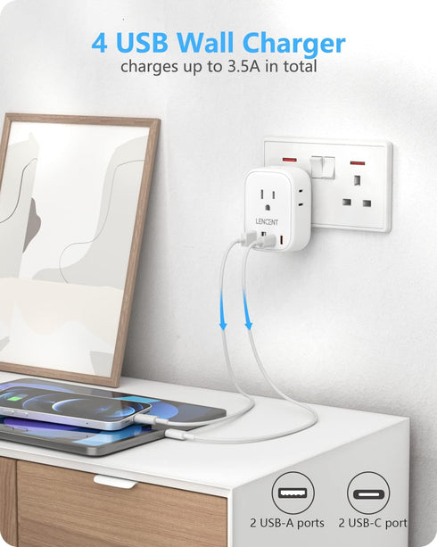 LENCENT US to UK Ireland Travel Plug Adapter, Type G Grounded Converter with 4 USB Chargers for USA to Dubai