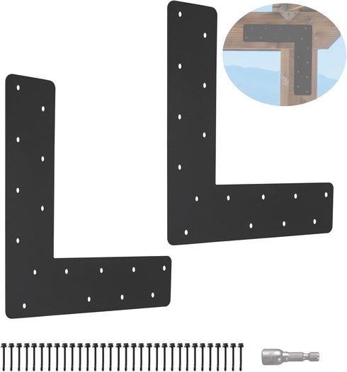 2 Pcs L Shape Flat Bracket, 12"x12" Mending Plate with Black Powder-Coated Right Angle Brackets for Repair
