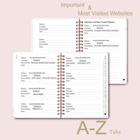 Password Book with Alphabetical Tabs - Spiral Notebook for Internet & Computer Login, Recording Usernames, Passwords,