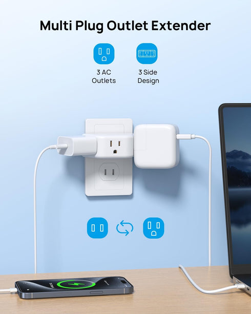 TROND 2 Prong to 3 Prong Outlet Adapter 2 Pack - Outlet Extender with 3 AC Outlets, 3-Way Outlet Splitter, Cruise Ship Essentials, 2 Prong Plug Extender for Non-Grounded Outlets in Old House, White