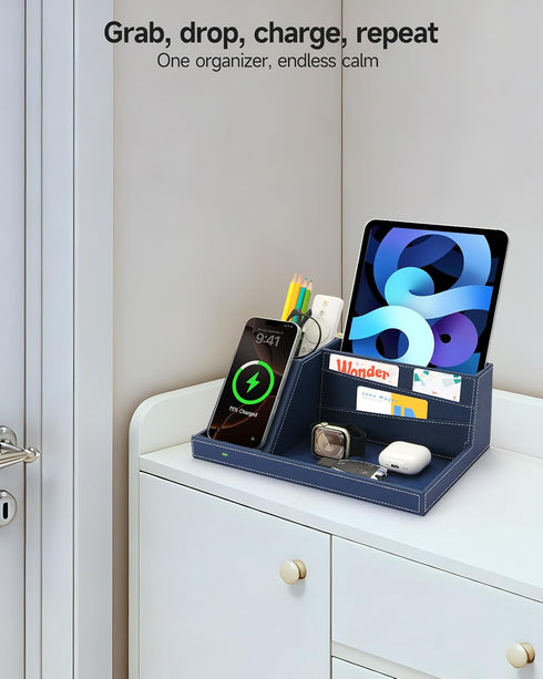 Desk Organizer with Charging Station, Nightstand Organizer Phone Docking Station, Men Gift Husband Wife Anniversary Dad