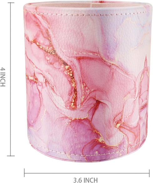 WAVEYU Pen Holder for Women Girls, Pencil Cup Pink Desk Decor, Makeup Brush Holder Large Pu Leather Multi-Functional Organizer Cup for Office, Classroom, Home, Red Marble
