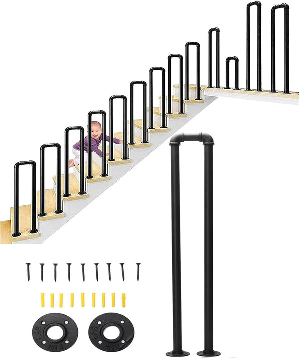 PAUANI 1PCS U-Shaped Metal Stair Railing Kit, Industrial Stair Handrail, Non-Slip Safety Elderly