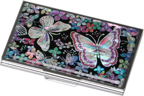 Mother of Pearl Design RFID Blocking Business Card Case, Engraved Slim Metal Holder with Flower Butterfly