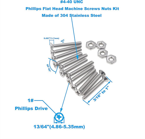 #4-40 UNC Stainless Steel Phillips Flat Head Machine Screws Assortment Kit with Nuts