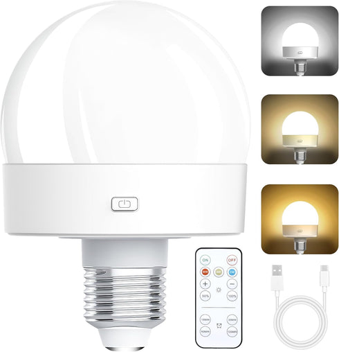 Rechargeable Battery Operated Light Bulbs, 300LM E26 Screw in (Magnetic Detachable) with Remote Control, Dimmable, Timer