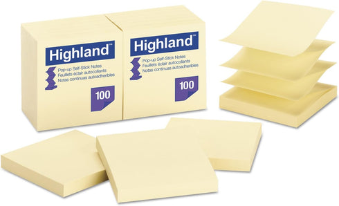 Highland Self-Stick Pop-Up Notes, 3 x 3, Yellow, 100-Sheet, 12/Pack