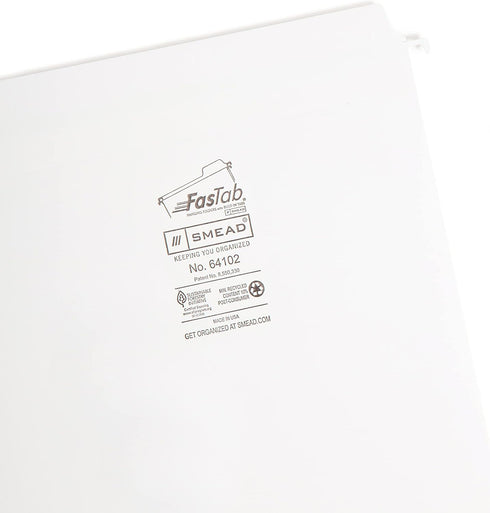 Smead FasTab Hanging File Folder, Straight-Cut Built-in Tab, Letter Size, White, 20 per Box (64102)