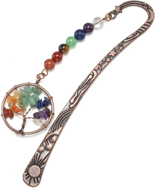 Jovivi Antique Copper Metal Bookmark with Handmade 7 Chakra Healing Crystals Tree of Life Tumbled Gemstones