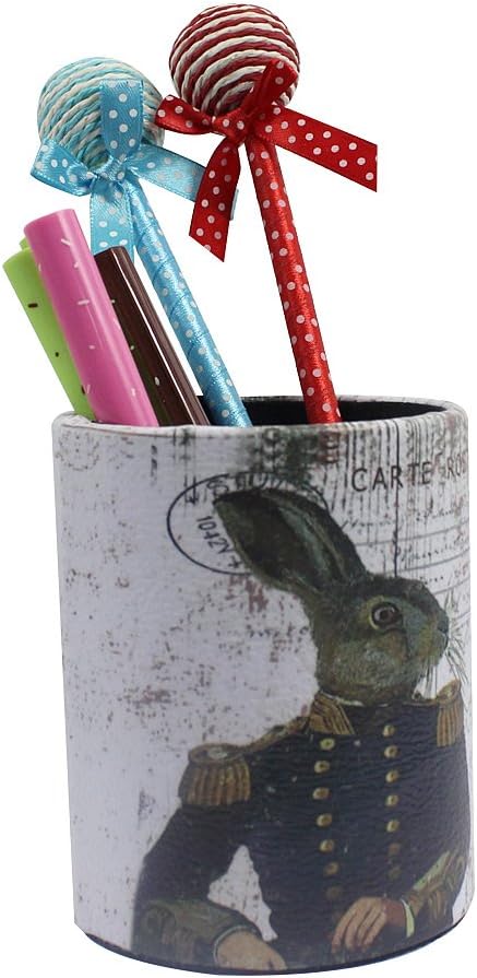 Pen Container Office Desk Accessories PU Leather Cover Round Pencil Holder Desk Organizer - Rabbit by SIPLIV