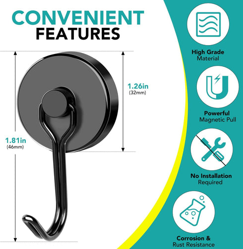 DIYMAG Black Magnetic Hooks, 110LBS Strong Magnetic Hooks Heavy Duty, Strong Magnet Hooks with Metal Hanger for Hanging Refrigerator Home Kitchen Office, 8Pack by DIYMAG