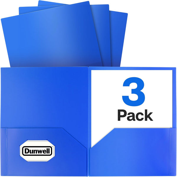 Dunwell Plastic Folders with Pockets, 3 Pack Blue, 2 Pocket Poly Folders for School, Home, Office