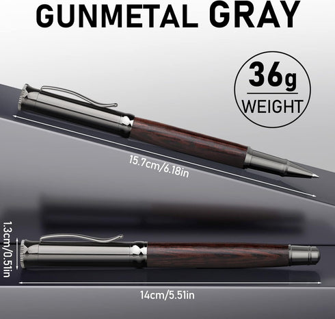WEMATE Wood Rollerball Pen Set, Fancy Writing Pen with 2 Extra Ink Refills (1 Black & 1 Blue), Black Oak