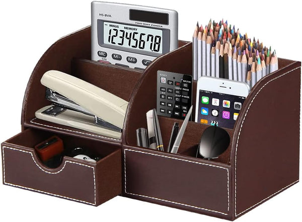 Desk Organizer, PU Leather Desktop Caddy with 6 Compartments and 1 Drawer for Office Home School Classroom