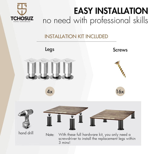 TCHOSUZ 4 Inch 4 Pack 10 cm Heavy Duty Mental Furniture Legs, Stainless Steel Tapered Feet - Replacement Legs