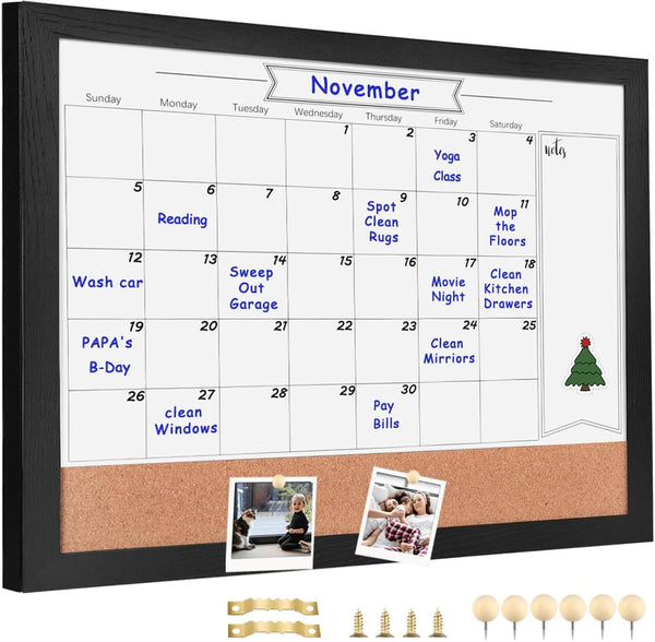 Monthly Calendar Dry Erase White Board & Cork Bulletin Board, 13" x 17" Black Wood Frame, Magnetic Surface
