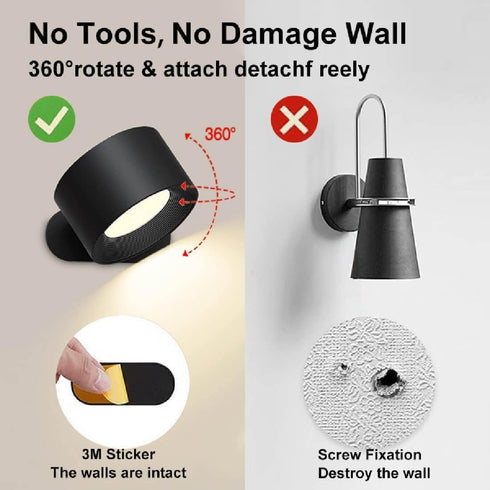 Generic 360 Lights in Sweden Style Remote Wall Lamp with Magnetic Rotation, Peel and Stick Wall Sconce with Remote