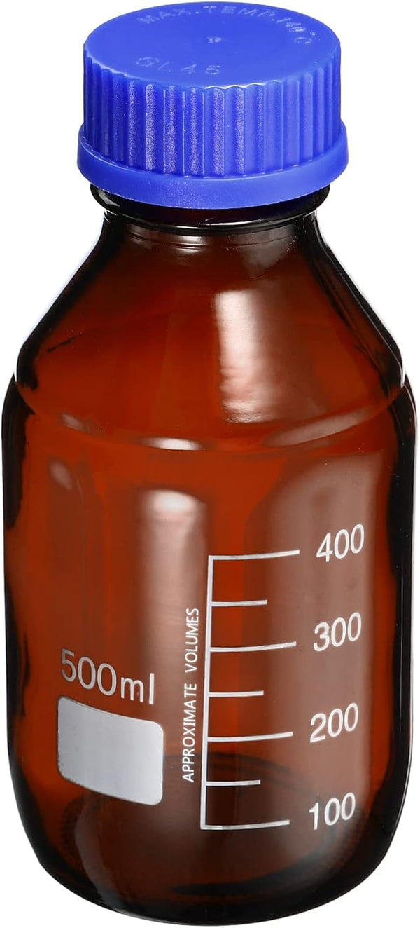 PATIKIL 500mL Reagent Media Bottle, 1Pcs Round Graduated Glass Storage Bottle with Blue Screw Cap, Amber