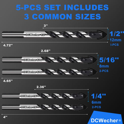 Professional Concrete Drill Bit 5-Pack Masonry Drill Bit Set, Industrial-Strength Cement Drill Bits