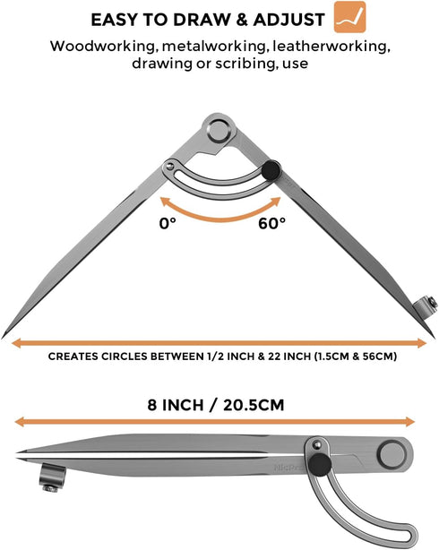 Nicpro 8 Inch Compass for Woodworking with Wing and Pencil Holder, Professional Carpenter Compass for Geometry