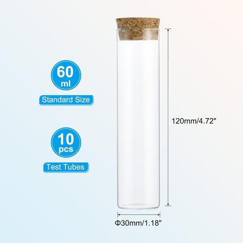 PATIKIL 60ml Test Tubes, 10pcs 4.72x1.18in Glass Clear Flat Bottom Test Tube Containers with Cork Stopper for Bead Party Candy Bath Salt Storage Scientific Experiment Plant Propagation