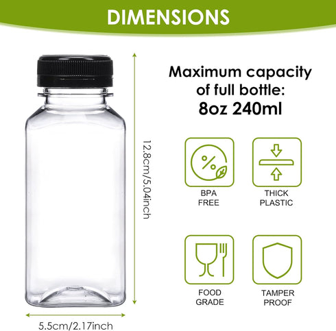 6pcs 8oz Moretoes Plastic Juice Bottles with Caps, Clear Empty Reusable Water Bottles, Disposable Beverage Containers