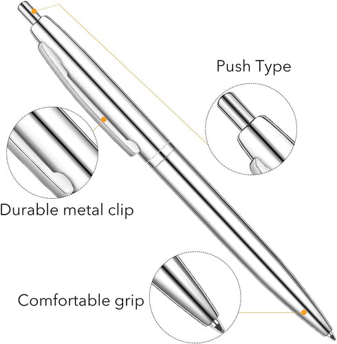 Unibene 6 Pack Silver Click Ballpoint Pens - Medium Point Black Ink (1 mm), Stainless Steel Metallic Retractable Pen
