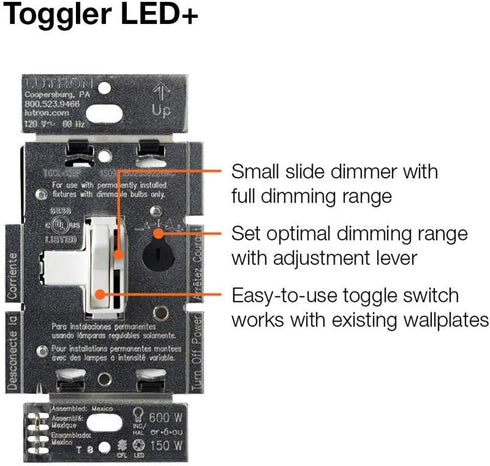 Dimmer Dimmable Bulbs, 150 3-Way, TGCL-153PH-AL, Lutron Toggler LED+ Switch for LED, Halogen and Incandescent Watt
