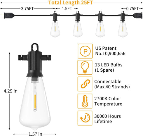 25FT, IP65 13 ST38 Bulbs, Dimmable 2700K ZOTOYI Outdoor String Lights Waterproof Patio Lights with Shatterproof LED