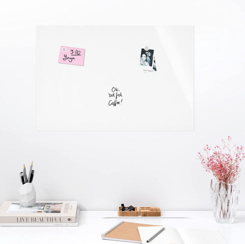 Navaris Frameless Magnetic White Glass Board for Wall - 16" x 24" for Home, Office, Kitchen, School - Includes 5