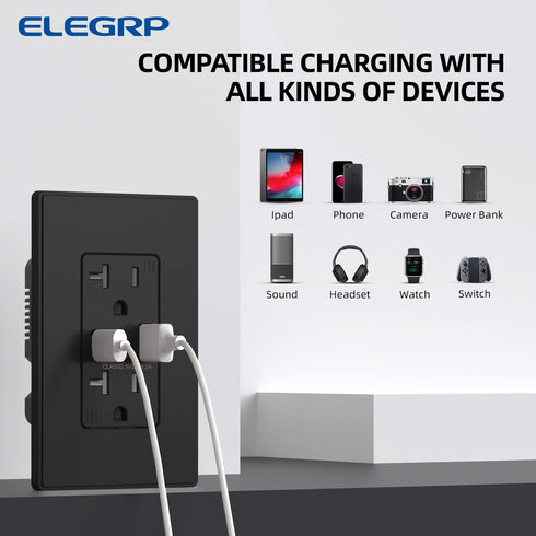 ELEGRP USB Charger Wall Outlet, USB Receptacle with Type A & Type C Ports, 20 Amp Duplex Tamper Resistant, Wall Plate
