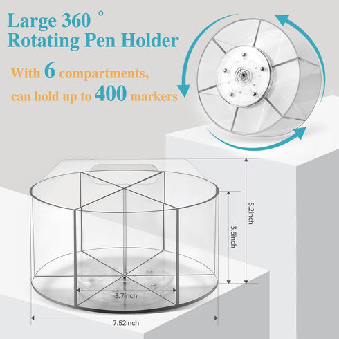 Large Acrylic Pen Holder for Desk, 6 Slots 360-Degree Rotating Marker Organizer for Kids, Caddy Art Supply