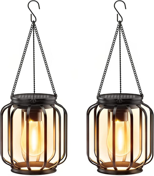 Solar Hanging Lanterns Outdoor: 2 Pack Metal Solar Hanging Lights with Hook,