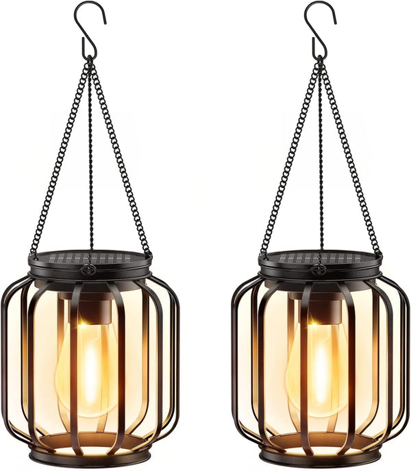 Solar Hanging Lanterns Outdoor: 2 Pack Metal Solar Hanging Lights with Hook,