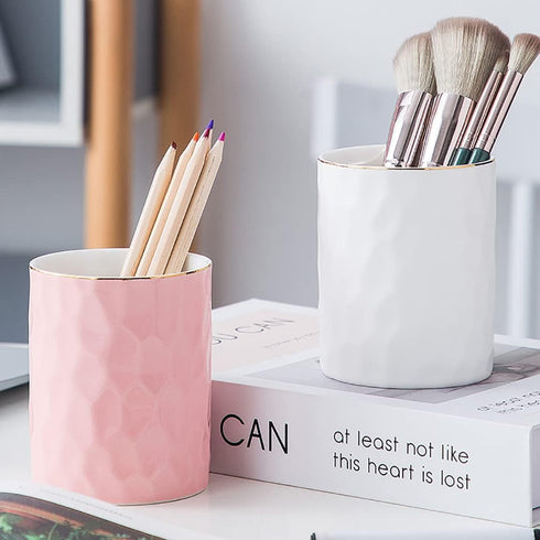 Ceramic Pen Holder Stand, Cup Pencil Holder Organizer for Makeup Brushes, Home Office Desk (White)