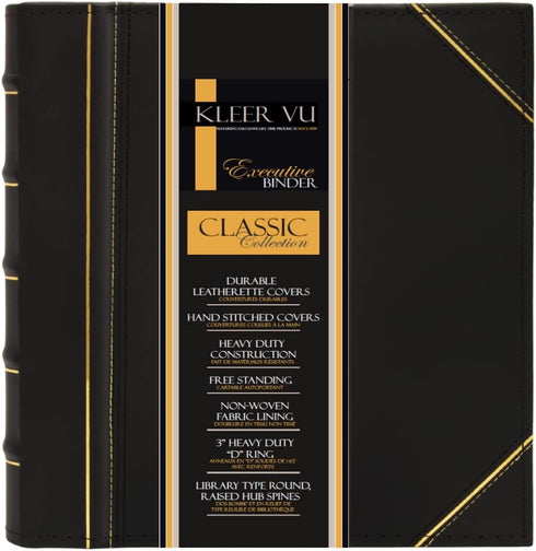 Executive Binder, Heavy Duty 3" Inch, English Leather, Hand Stitching, Ribbed Spine, Black and Gold