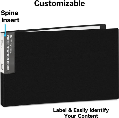 Dunwell 11x17 Portfolio Binder Folder (Black, Horizontal) with Plastic Sleeves, 24 Pockets, Large Art Presentation Book