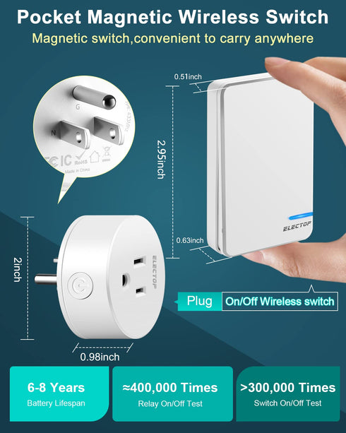 ELECTOP Remote Control Outlet, 15A/1500W Wireless Power Switch, Long Range Electrical Switch for Lights and Appliances