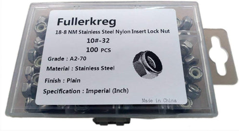 Fullerkreg 10-32 Nylon Insert Hex Lock Nuts, 18-8 Stainless Steel, Quantity 100