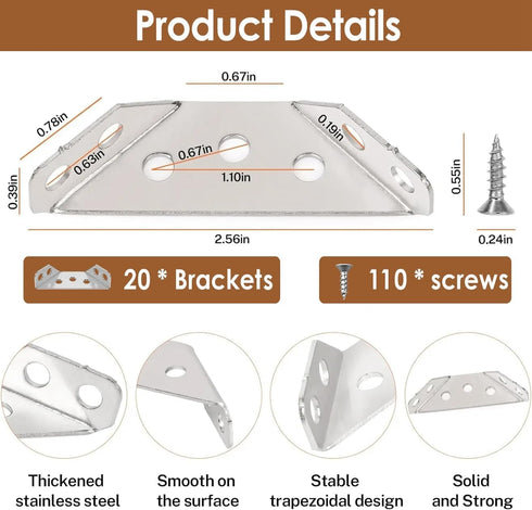 Bxbdcha 20PCS Furniture Corner Connector - Universal Stainless Steel L Brackets for Wood,Hardware Metal Angle Bracket